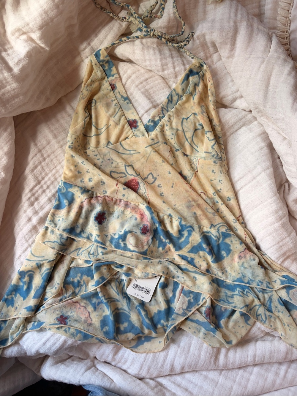 Free People Yellow & Blue Floral Wrap Halter Chemise